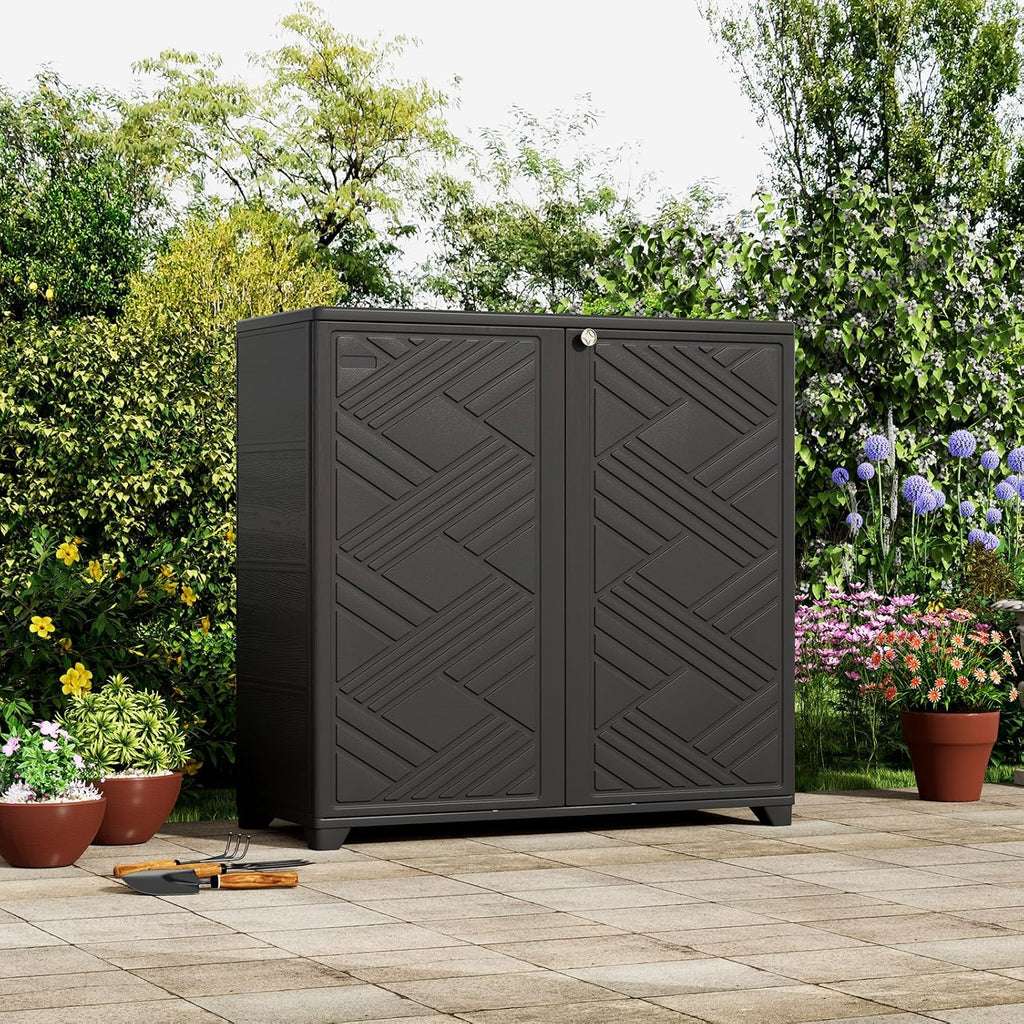 Indoor/Outdoor Storage Cabinet Waterproof, 34"X15"X34" Plastic Outdoor Storage Box for Garden Balcony Bathroom, All Weather Outdoor Storage Clearance, DIY Usage, with 2 Shelf (Black)