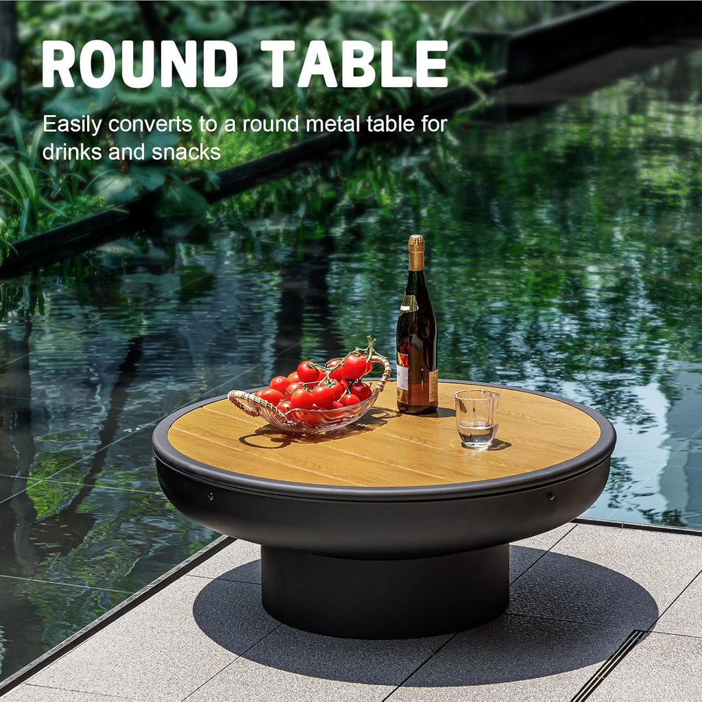 32In Fire Pit Table with Lid,Heavy Duty and Deep Fire Bowl,Outdoor Wood Burning BBQ Grill Firepit Bowl with Cover Lid, Fire Pit for outside Table for Backyard Bonfire Patio Picnic