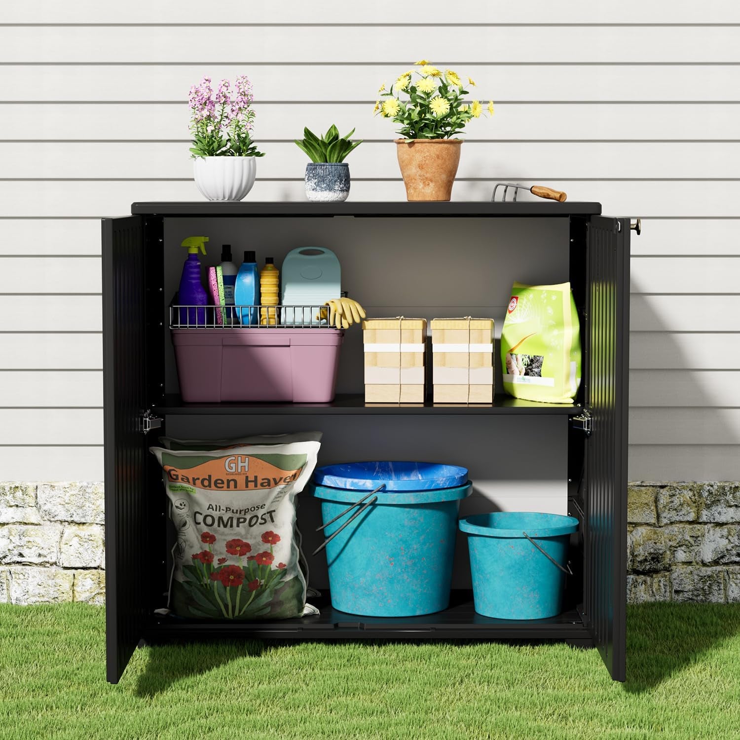 Outdoor Storage Cabinet Waterproof, 60 Gallon Resin Outdoor Storage Shed for Patio/Garden/Backyard, Outdoor Storage Box for Cushions,Garden Tools and Pool Supplies(Black with 1 Shelving)