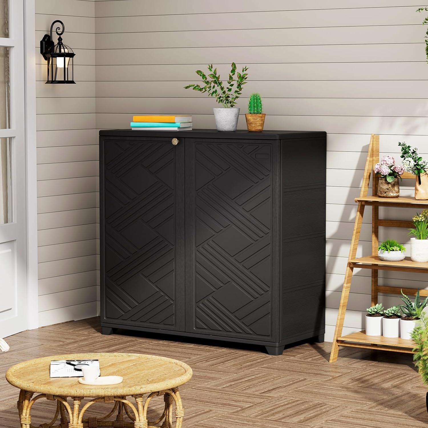 Indoor/Outdoor Storage Cabinet Waterproof, 34"X15"X34" Plastic Outdoor Storage Box for Garden Balcony Bathroom, All Weather Outdoor Storage Clearance, DIY Usage, with 2 Shelf (Black)