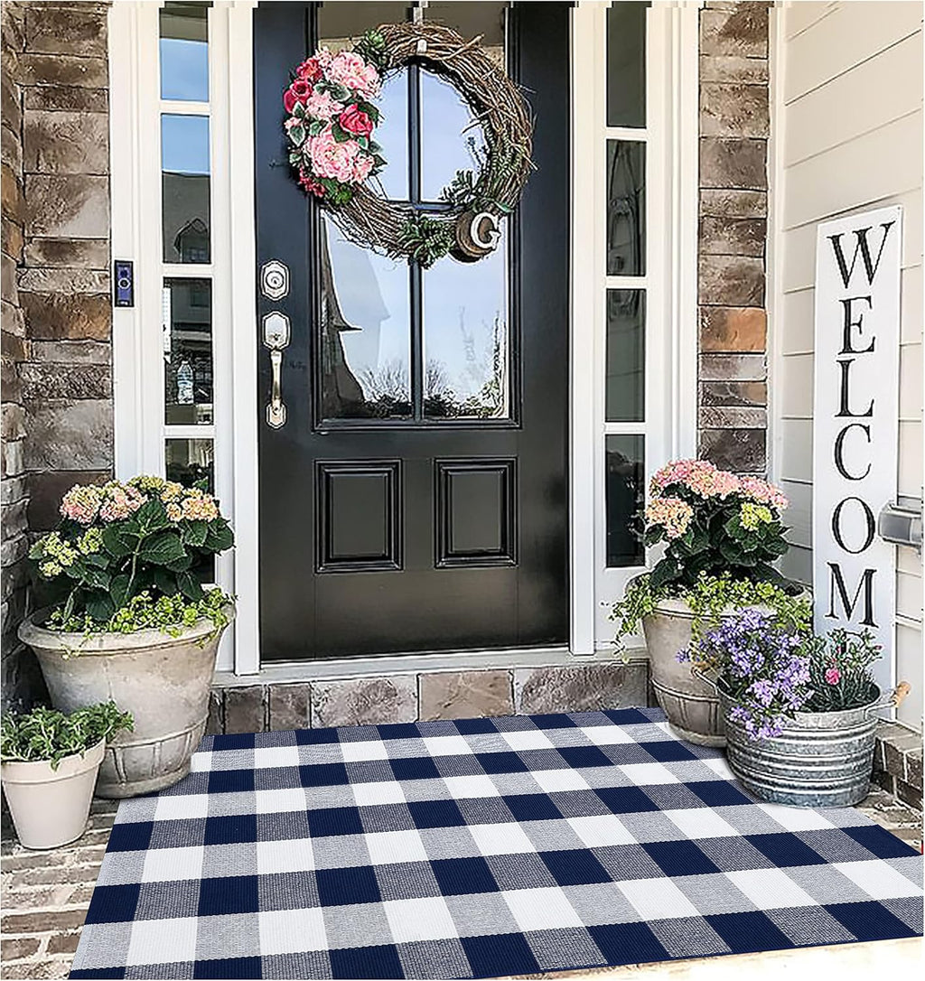 Buffalo Plaid Outdoor Rug Navy Blue 3'X5', Cotton Hand-Woven Checkered Door Mat, Reversible Foldable Washable Outdoor Rug for Layered Door Mats Porch/Front Door (35.4''X59'')
