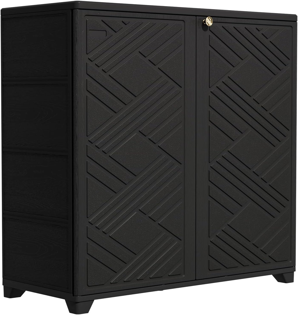 Outdoor Storage Cabinet Waterproof, 60 Gallon Resin Outdoor Storage Shed for Patio/Garden/Backyard, Outdoor Storage Box for Cushions,Garden Tools and Pool Supplies(Black with 1 Shelving)