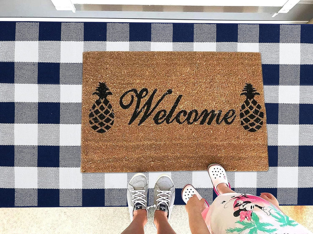 Buffalo Plaid Outdoor Rug Navy Blue 3'X5', Cotton Hand-Woven Checkered Door Mat, Reversible Foldable Washable Outdoor Rug for Layered Door Mats Porch/Front Door (35.4''X59'')