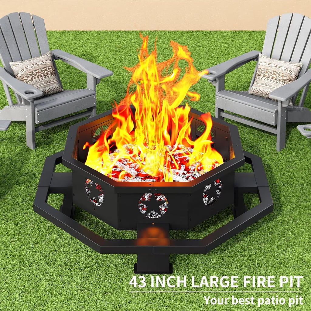 43 Inch Fire Pit, Outdoor Wood Burning Fire Pit Octagonal for Camping, Backyard, Patio, Black