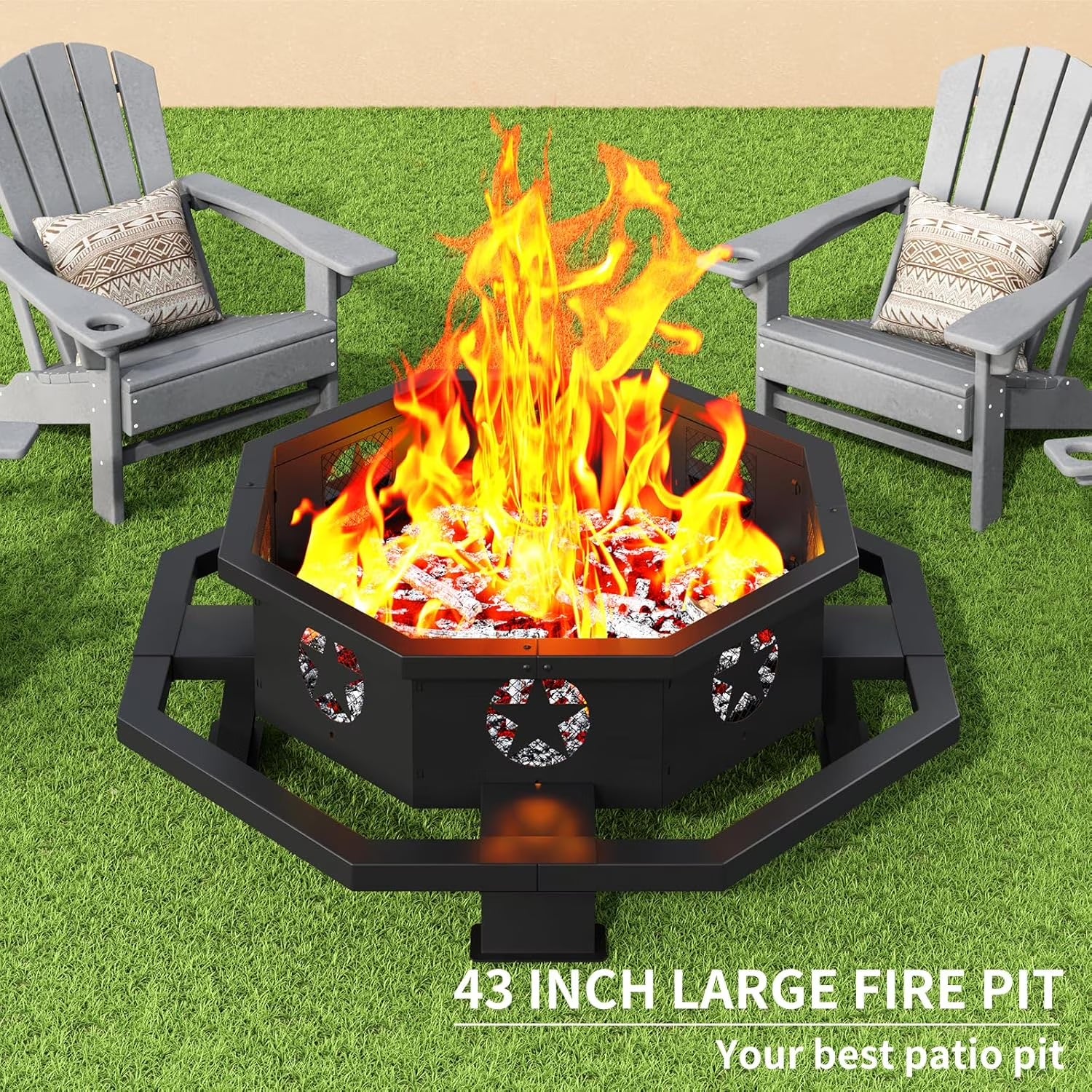 43 Inch Fire Pit, Outdoor Wood Burning Fire Pit Octagonal for Camping, Backyard, Patio, Black