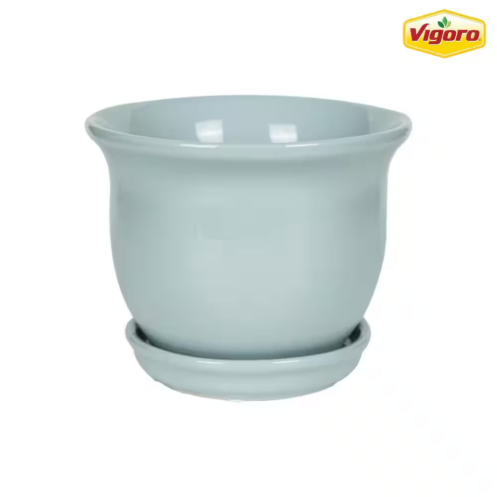 Coralie Small Seabreeze Blue Ceramic Planter with Drainage Hole and Attached Saucer (6 In. L X 6 In. W X 5 In. H)