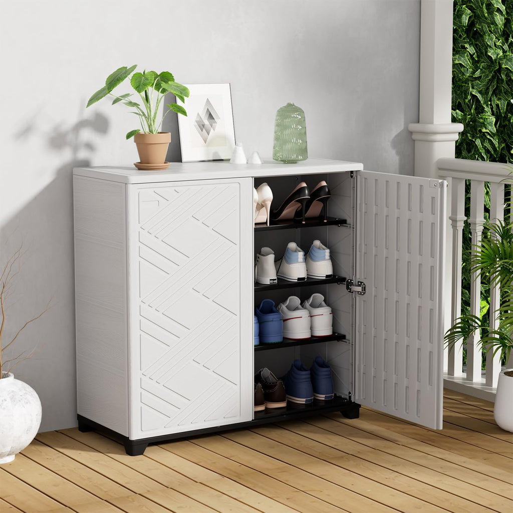 Outdoor Storage Cabinet Waterproof, 60 Gallon Resin Outdoor Storage Shed for Patio/Garden/Backyard, Outdoor Storage Box for Cushions,Garden Tools and Pool Supplies(White W/O Shelving)