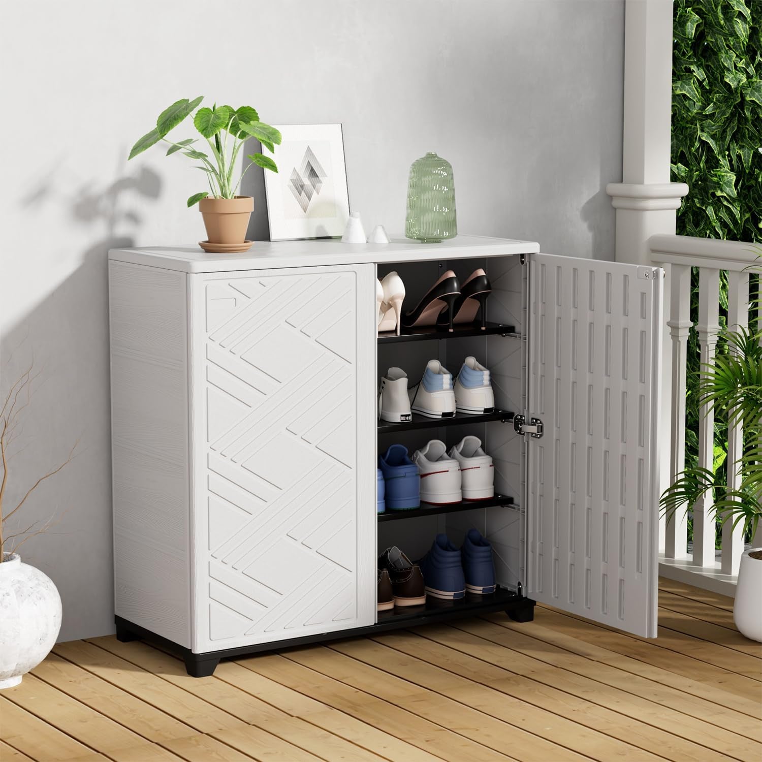 Outdoor Storage Cabinet Waterproof, 60 Gallon Resin Outdoor Storage Shed for Patio/Garden/Backyard, Outdoor Storage Box for Cushions,Garden Tools and Pool Supplies(White W/O Shelving)