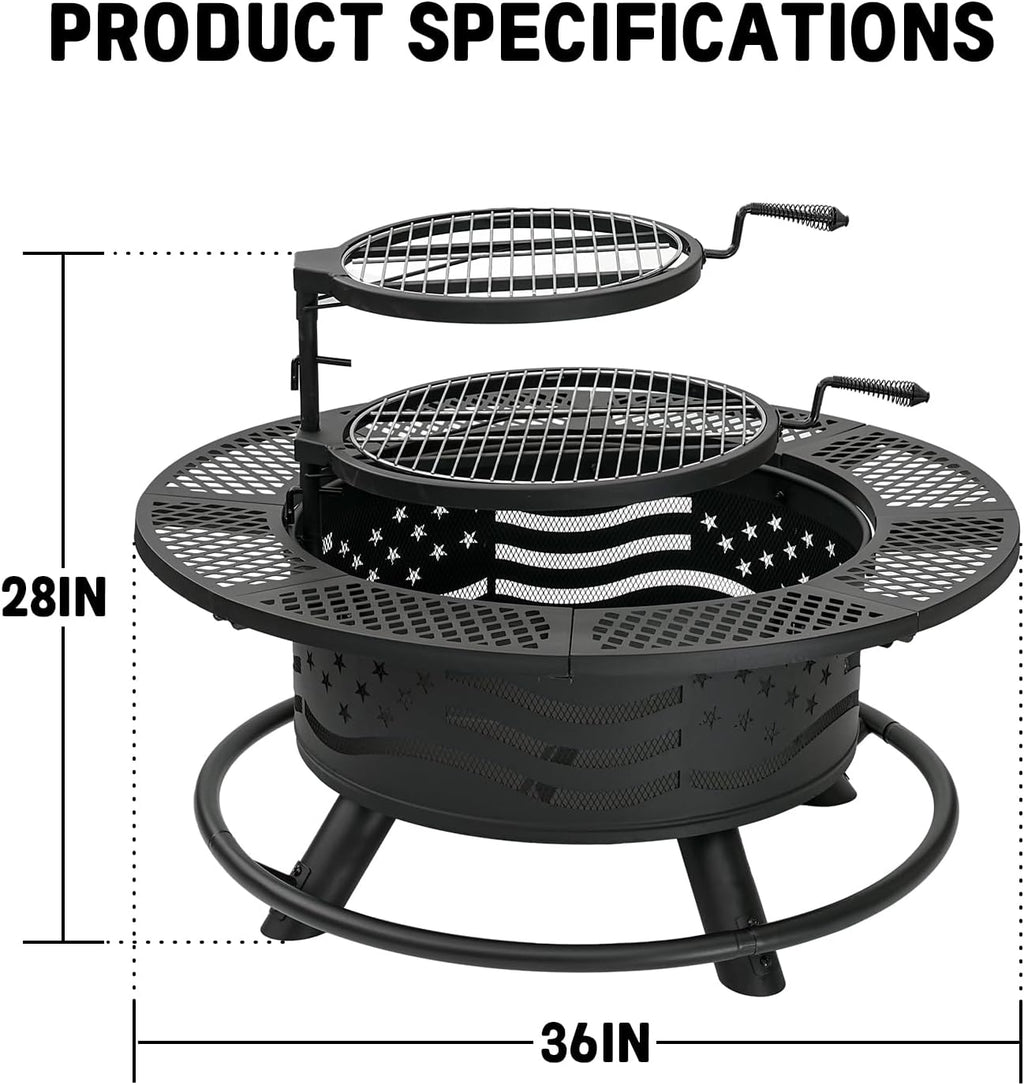 36 Inch Fire Pit with 2 Cooking Grates, Outdoor Wood Burning BBQ Grill Firepit Bowl with Cover Lid, Steel round Table for Backyard Bonfire Patio Picnic (Black, 36IN)