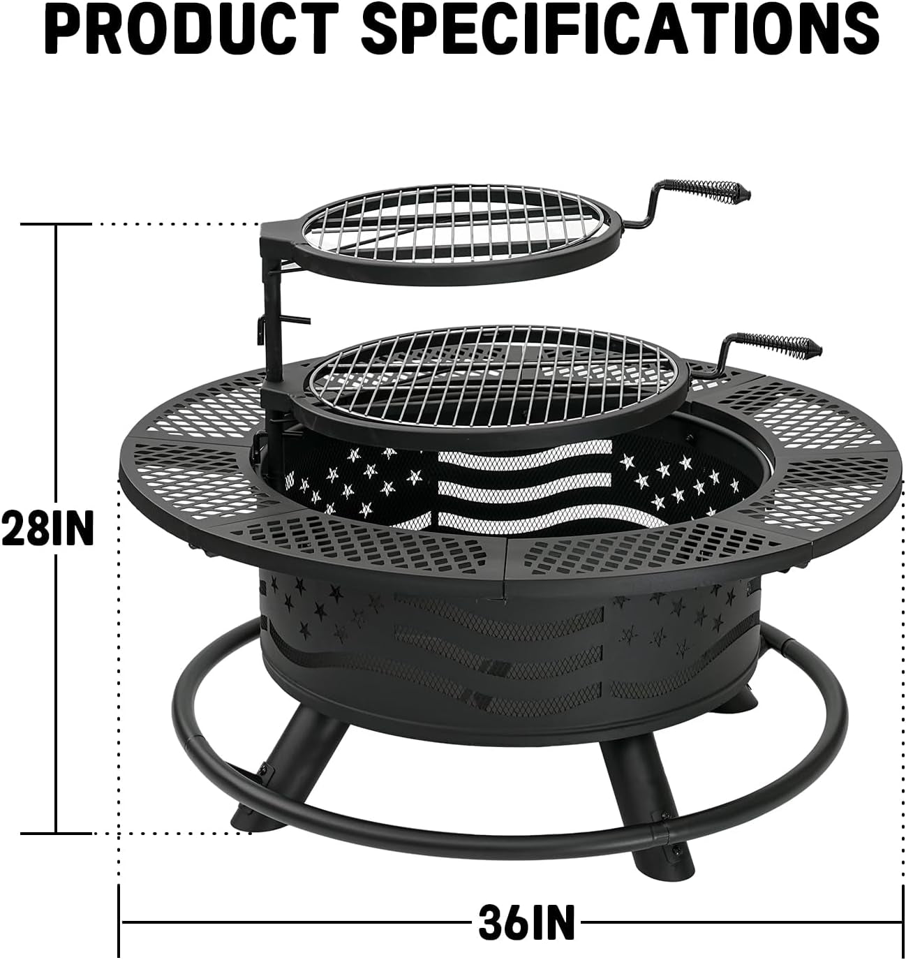 36 Inch Fire Pit with 2 Cooking Grates, Outdoor Wood Burning BBQ Grill Firepit Bowl with Cover Lid, Steel round Table for Backyard Bonfire Patio Picnic (Black, 36IN)