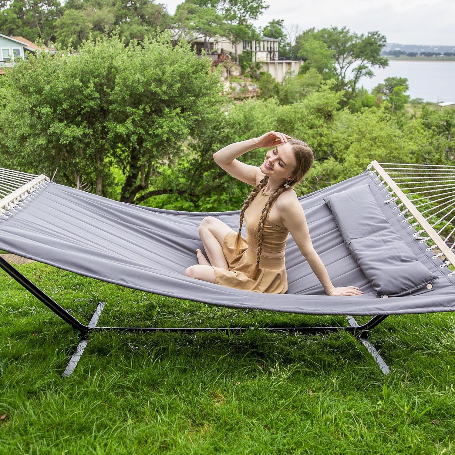 2 Person Hammock with Stand, Heavy Duty Portable Hammocks, 475 Lbs Capacity, Dark Grey