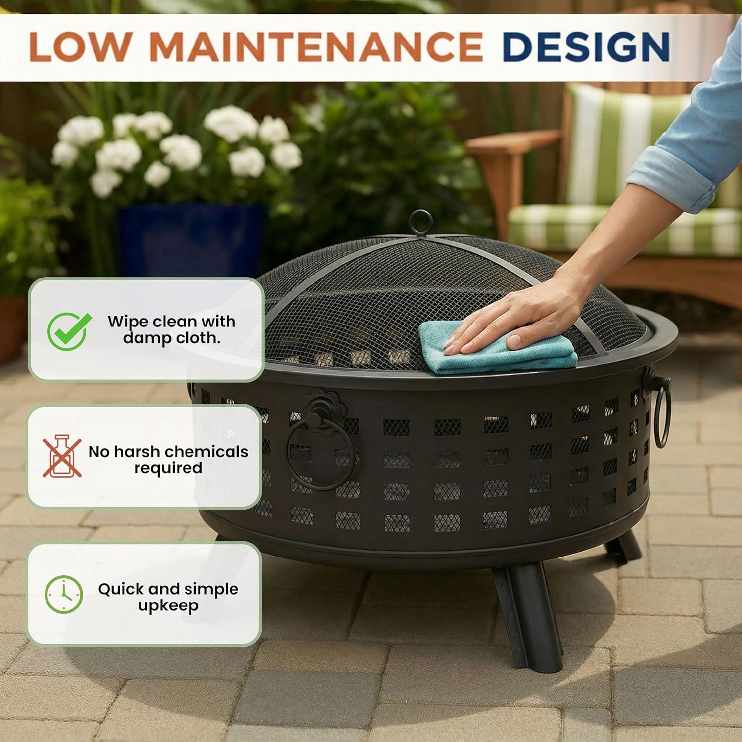 Outdoor Fire Pit - 26-Inch round Lattice Wood Burning Firepit with Screen, Poker, Grate and Cover - Wood Fire Pits & Outdoor Fireplaces by