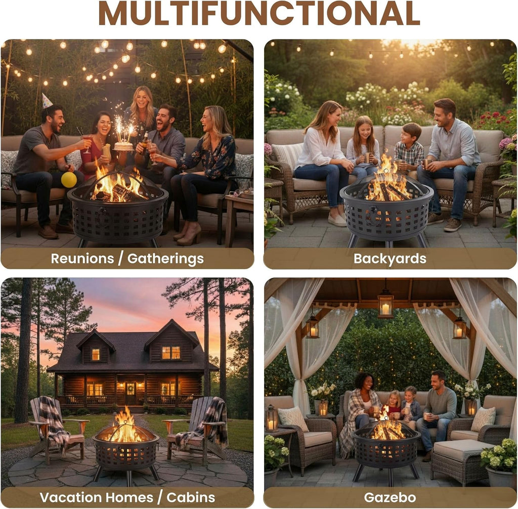 Outdoor Fire Pit - 26-Inch round Lattice Wood Burning Firepit with Screen, Poker, Grate and Cover - Wood Fire Pits & Outdoor Fireplaces by