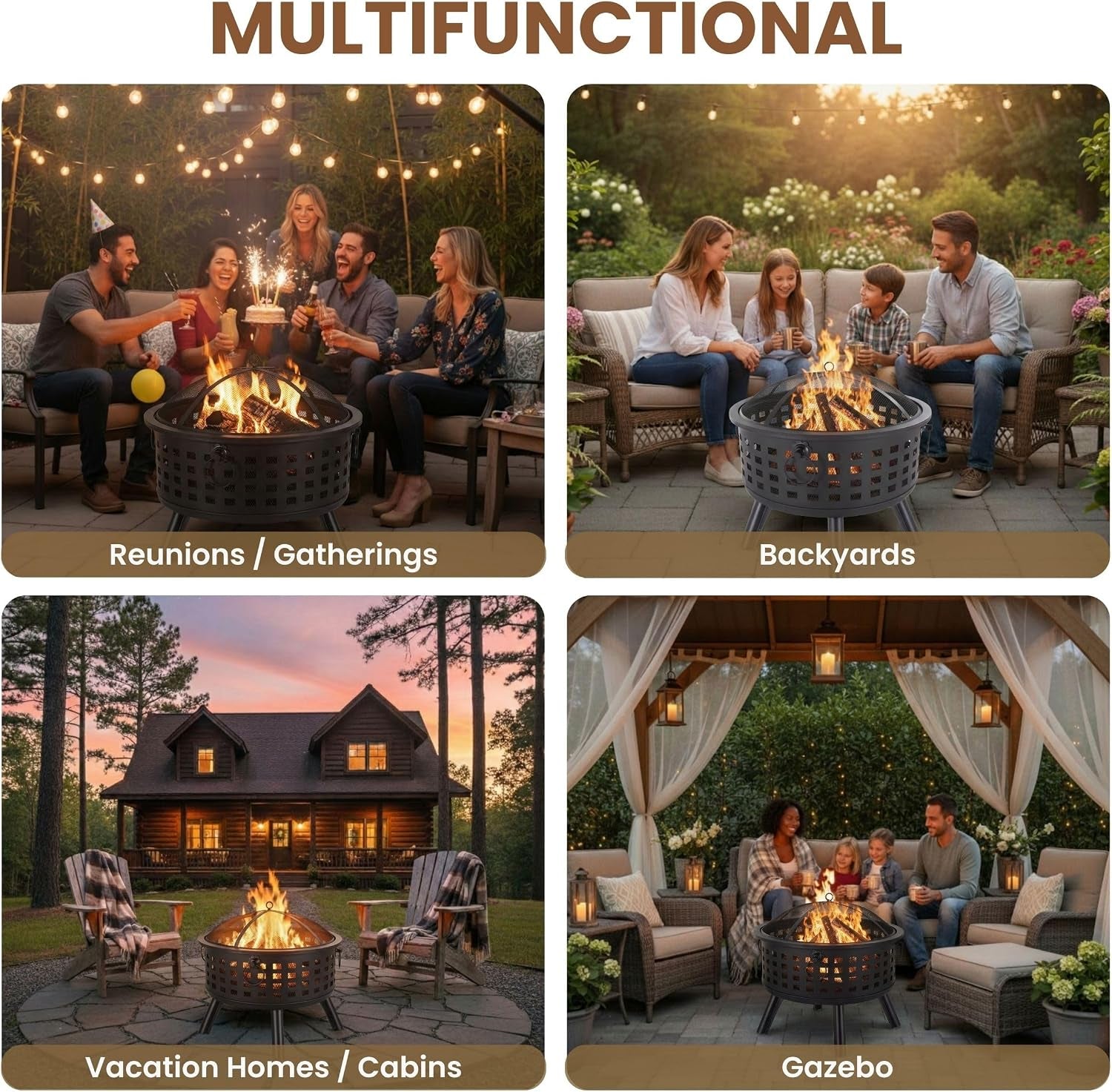 Outdoor Fire Pit - 26-Inch round Lattice Wood Burning Firepit with Screen, Poker, Grate and Cover - Wood Fire Pits & Outdoor Fireplaces by