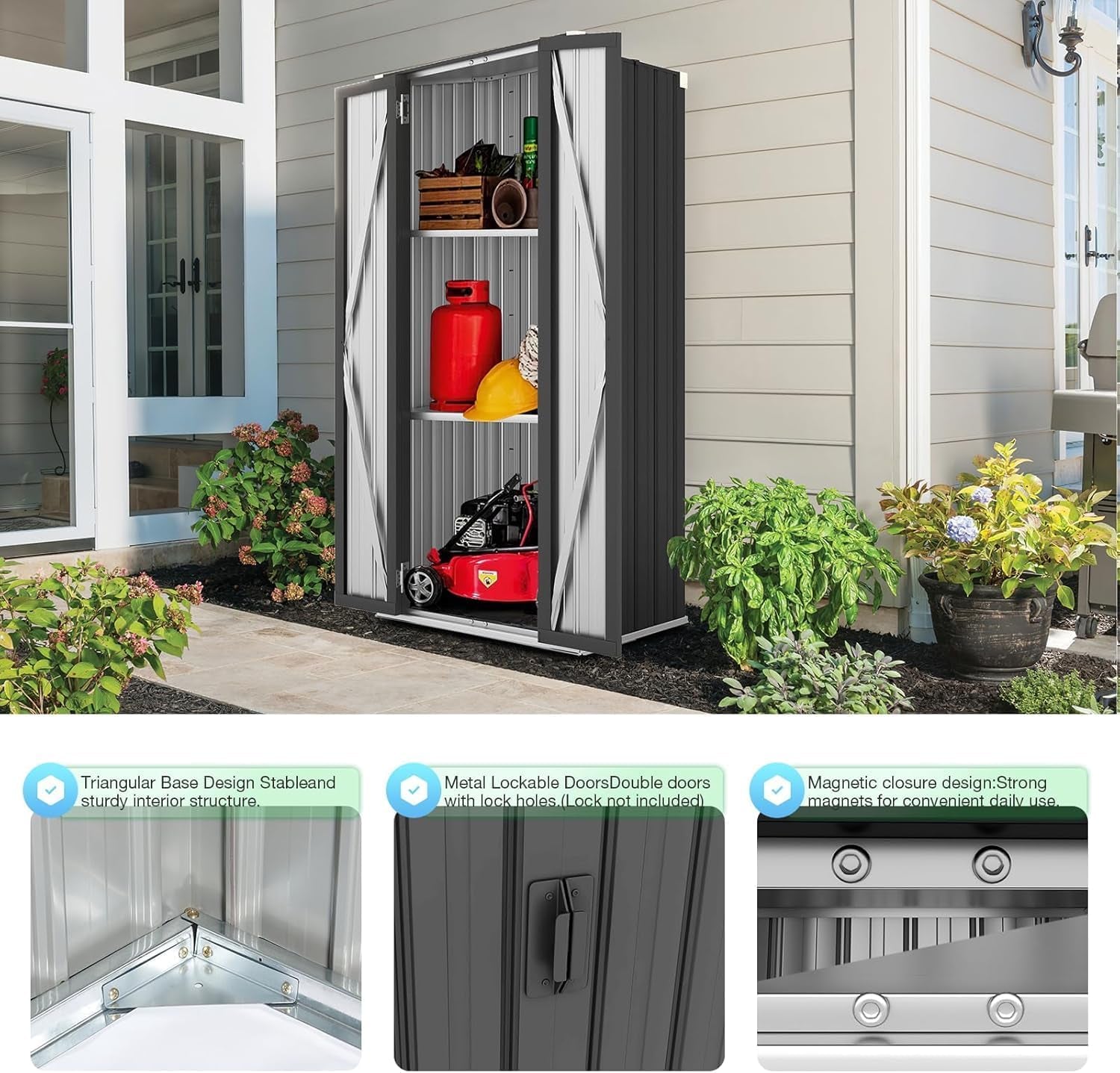 Outdoor Storage Cabinet Waterproof, Vertical Tall Outdoor Storage Cabinet with Shelves, Garden Sheds & Outdoor Storage Clearance Cabinet Weatherproof for outside or Indoor in Dark Grey