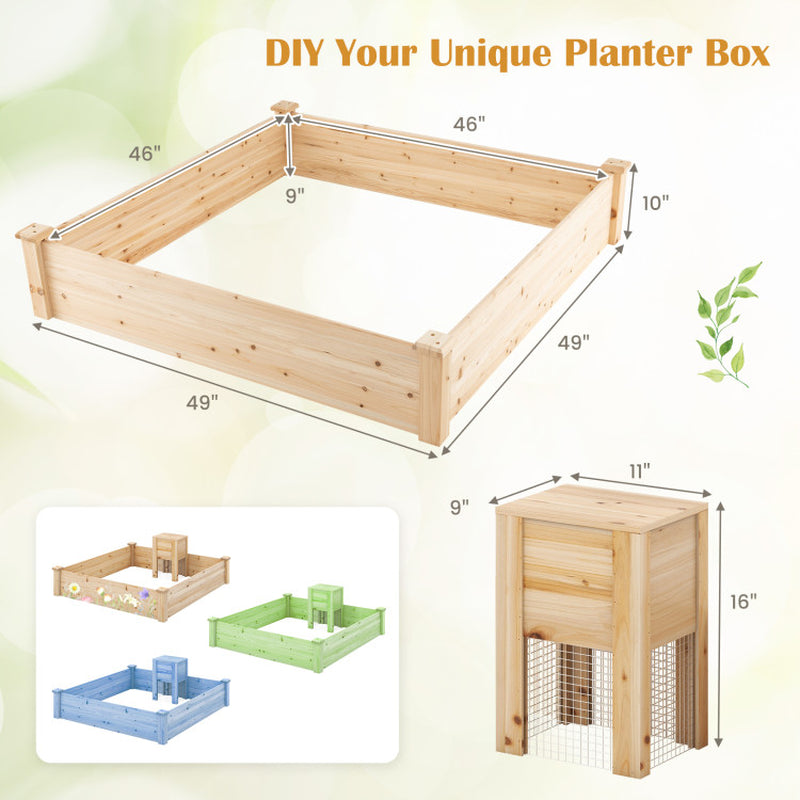 49 X 49 X 10 Inch Raised Garden Bed with Compost Bin and Open-Ended Bottom