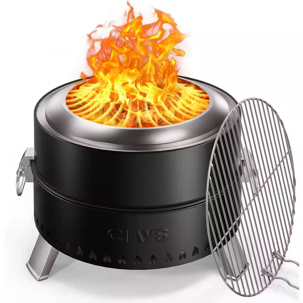 19 In. Portable Black round Steel Smokeless Wood Burning Outdoor Fire Pit with Steel Grill Rack, Fire Poker and Bag