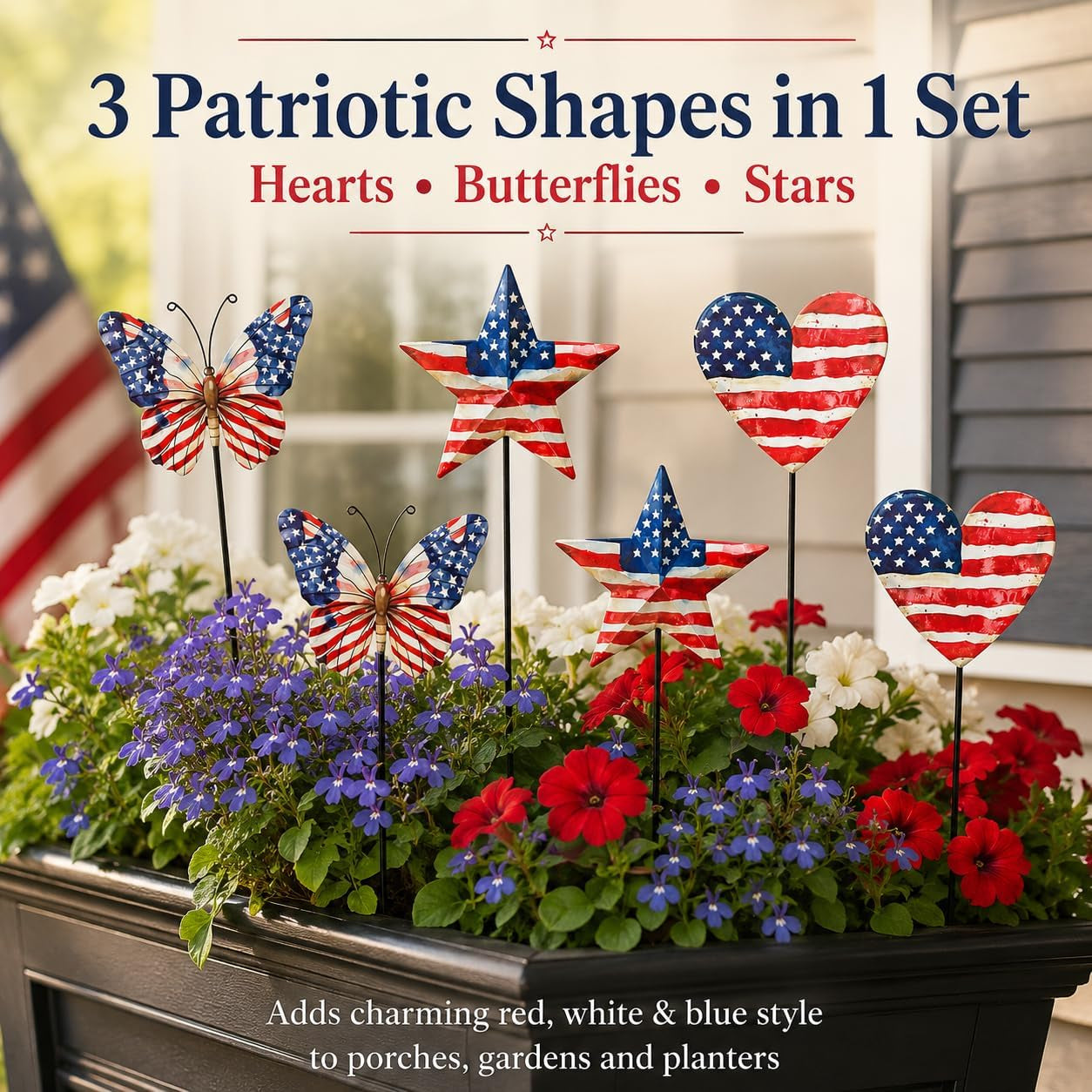 4Th of July Decorations Outdoor, Set of 6 17-Inch Metal Patriotic Garden Stakes, Red White and Blue American Flag Heart Butterfly Star Yard Decor for Lawn, Porch, Memorial Day Decorations