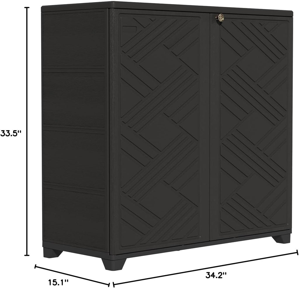 Indoor/Outdoor Storage Cabinet Waterproof, 34"X15"X34" Plastic Outdoor Storage Box for Garden Balcony Bathroom, All Weather Outdoor Storage Clearance, DIY Usage, with 2 Shelf (Black)