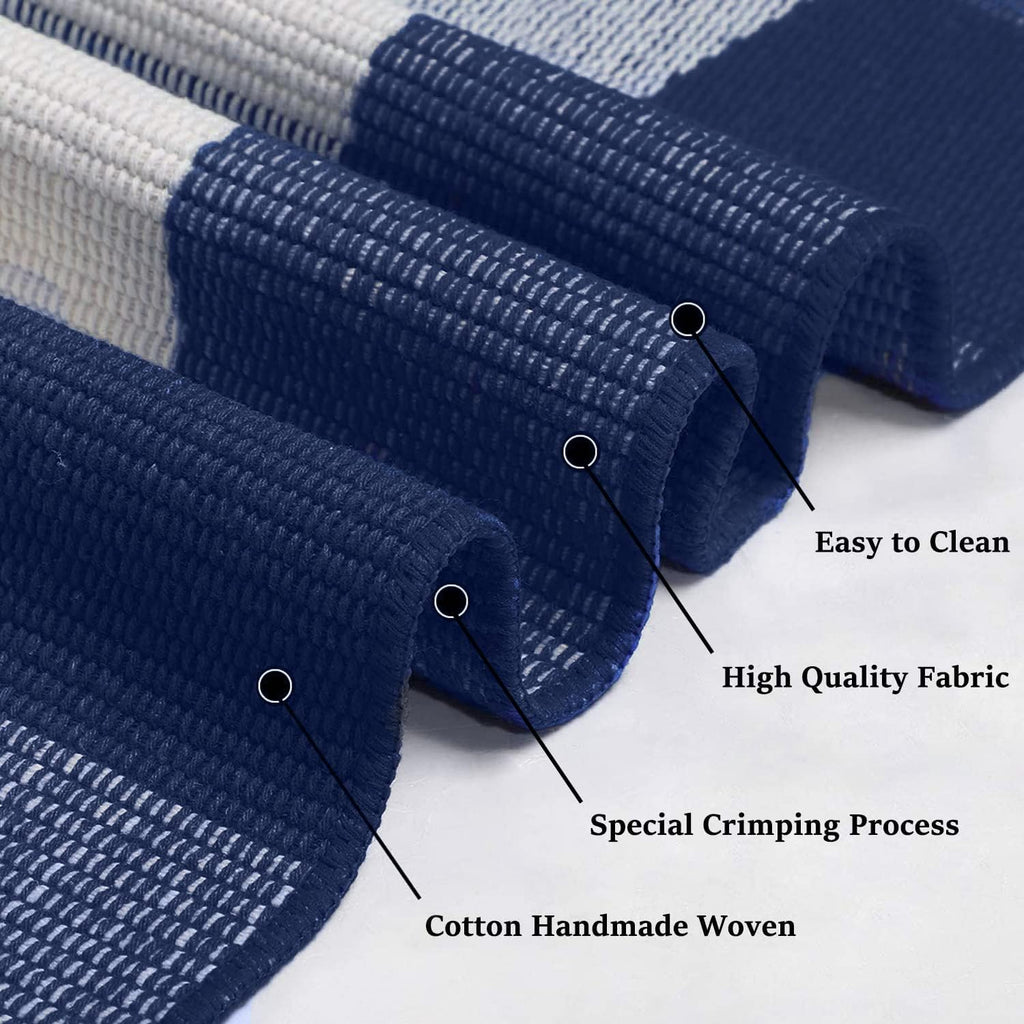 Buffalo Plaid Outdoor Rug Navy Blue 3'X5', Cotton Hand-Woven Checkered Door Mat, Reversible Foldable Washable Outdoor Rug for Layered Door Mats Porch/Front Door (35.4''X59'')