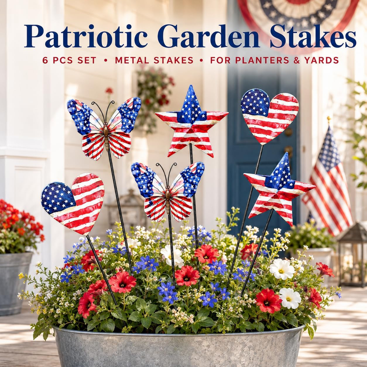 4Th of July Decorations Outdoor, Set of 6 17-Inch Metal Patriotic Garden Stakes, Red White and Blue American Flag Heart Butterfly Star Yard Decor for Lawn, Porch, Memorial Day Decorations
