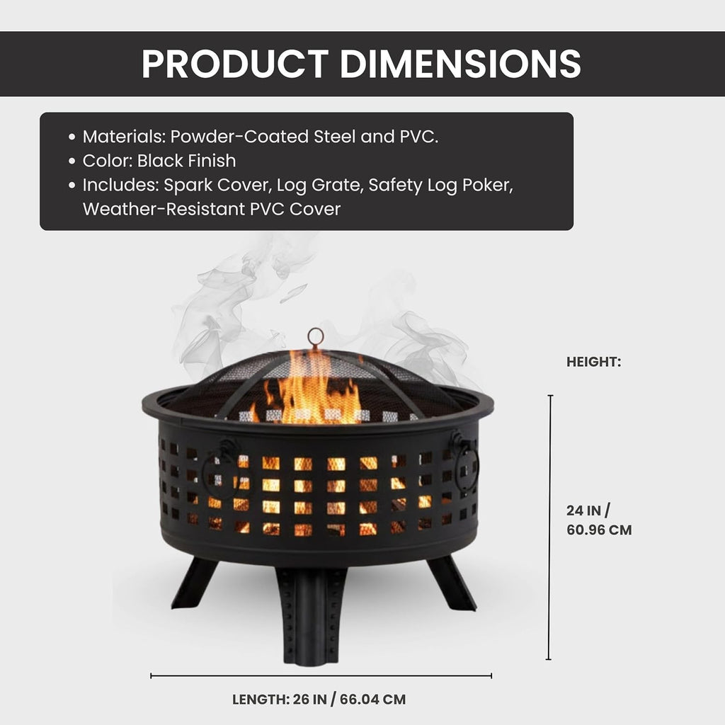 Outdoor Fire Pit - 26-Inch round Lattice Wood Burning Firepit with Screen, Poker, Grate and Cover - Wood Fire Pits & Outdoor Fireplaces by
