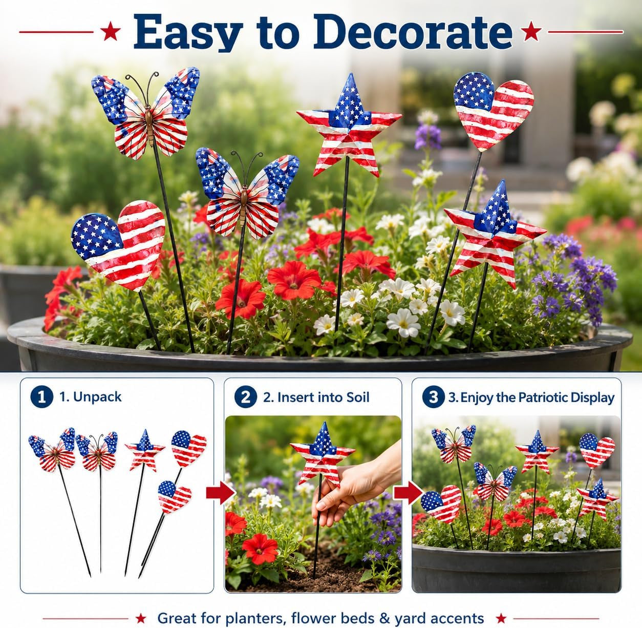 4Th of July Decorations Outdoor, Set of 6 17-Inch Metal Patriotic Garden Stakes, Red White and Blue American Flag Heart Butterfly Star Yard Decor for Lawn, Porch, Memorial Day Decorations
