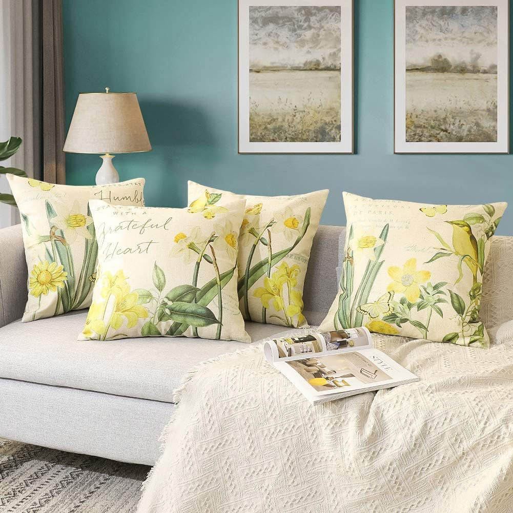 Set of 4 Decorative Throw Pillow Covers 18X18 Inches, Daffodil Pattern Waterproof Cushion Covers, Perfect to Outdoor Patio Garden Living Room Sofa Farmhouse Decor