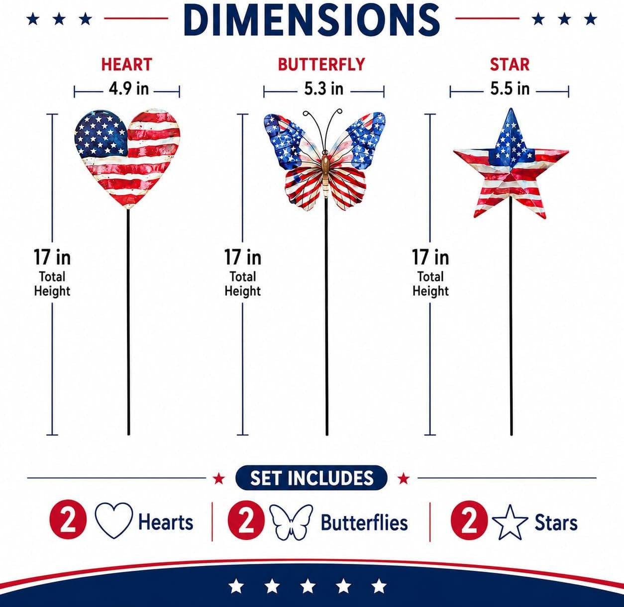 4Th of July Decorations Outdoor, Set of 6 17-Inch Metal Patriotic Garden Stakes, Red White and Blue American Flag Heart Butterfly Star Yard Decor for Lawn, Porch, Memorial Day Decorations