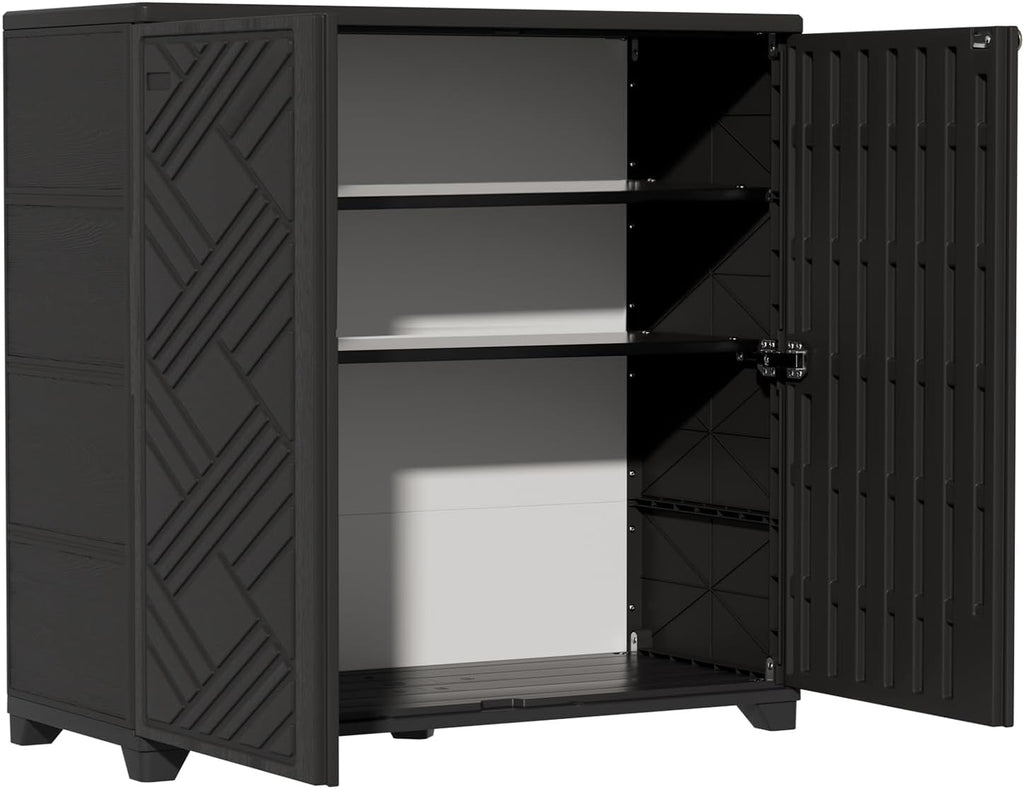 Indoor/Outdoor Storage Cabinet Waterproof, 34"X15"X34" Plastic Outdoor Storage Box for Garden Balcony Bathroom, All Weather Outdoor Storage Clearance, DIY Usage, with 2 Shelf (Black)