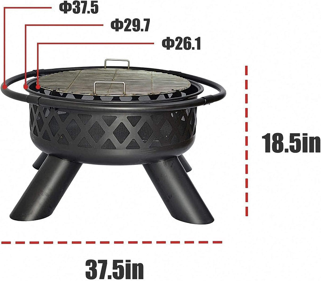Fire Pit Wood Burning: round 37.5 in Outdoor Fireplace with Grill Cooking Grate Screen Poker