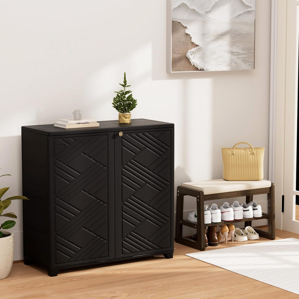 Outdoor Storage Cabinet Waterproof, 60 Gallon Resin Outdoor Storage Shed for Patio/Garden/Backyard, Outdoor Storage Box for Cushions,Garden Tools and Pool Supplies(Black with 1 Shelving)